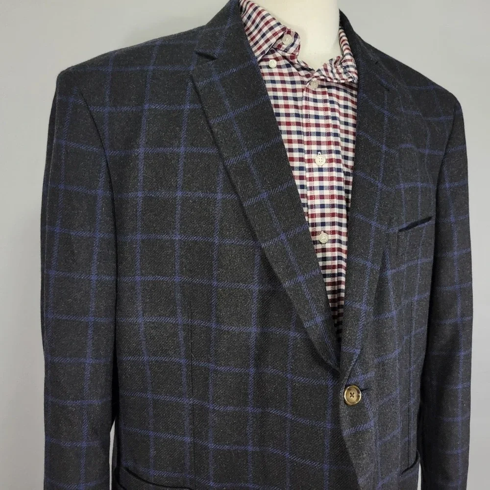 Westport Men's Sport Coat Blazer Two Button Flannel Charcaol Blue Plaid Wool 52R